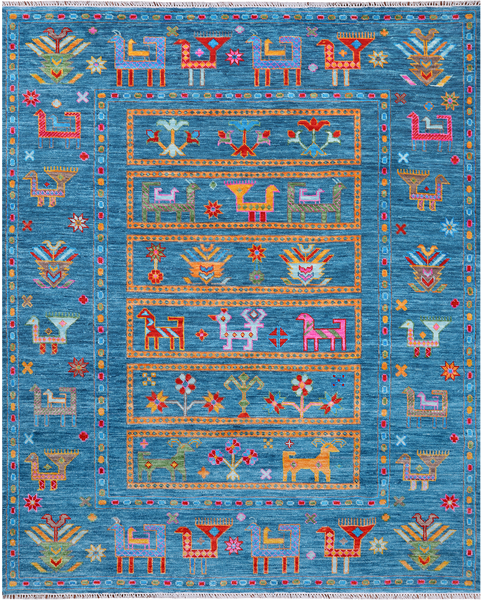 Blue Tribal Persian Gabbeh Handmade Wool Rug - 8' 0" X 10' 0"