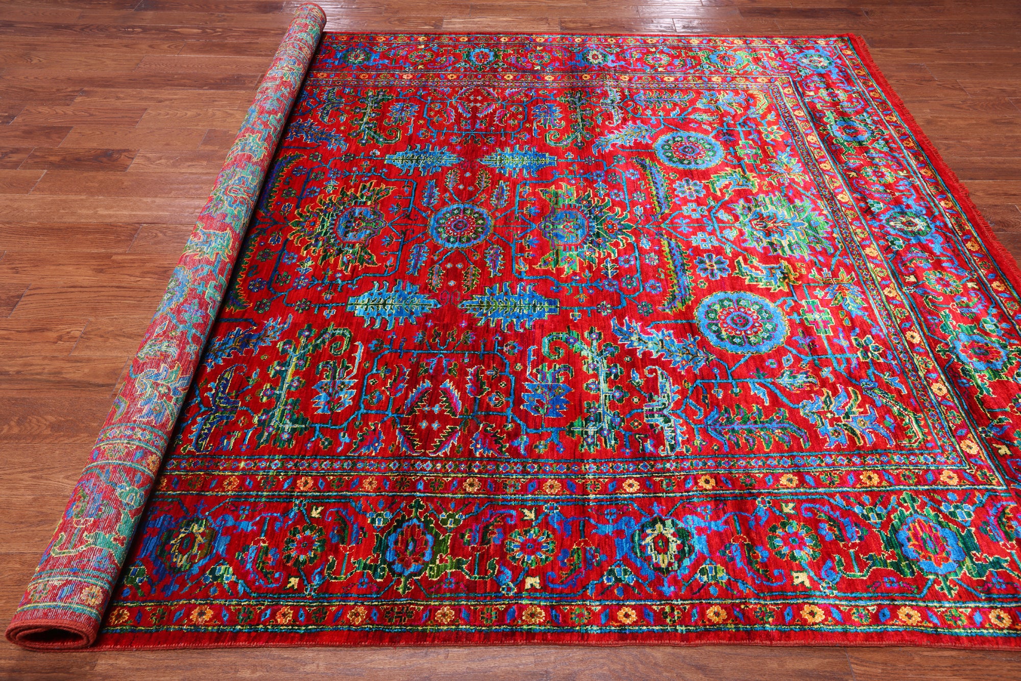 Red Persian Heriz Serapi Hand Knotted Silk Rug - 8' 0" X 9' 10"