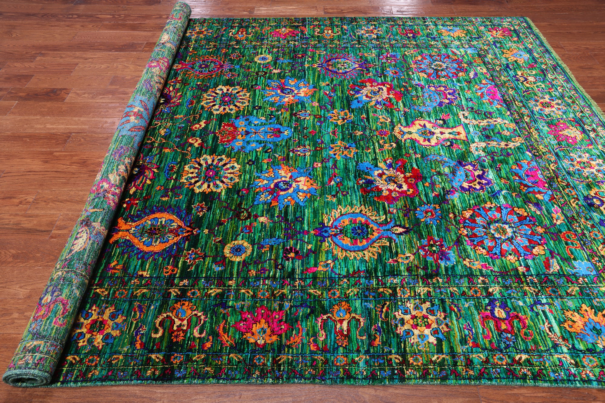 Green Persian Tabriz Handmade 100% Silk Rug - 7' 10" X 10' 6"
