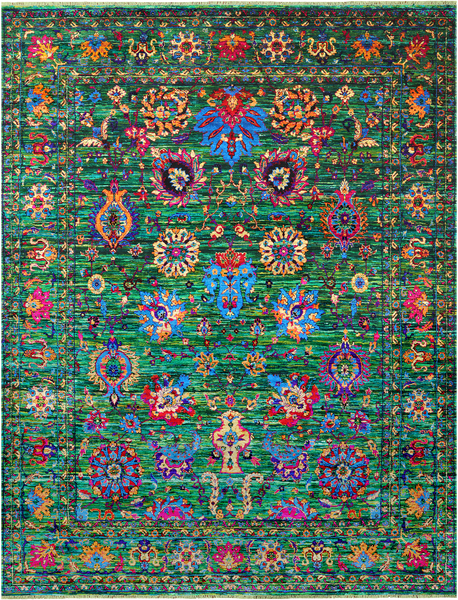 Green Persian Tabriz Handmade 100% Silk Rug - 7' 10" X 10' 6"