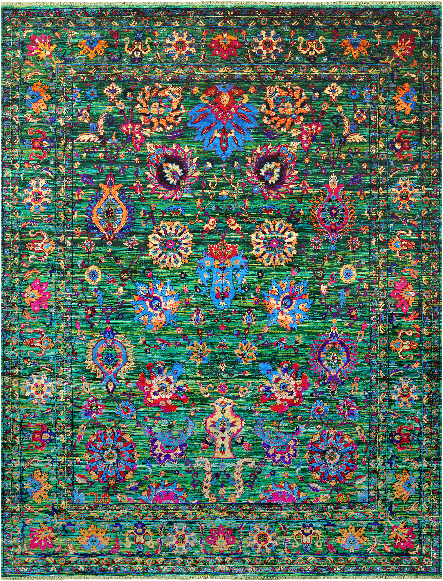 Green Persian Tabriz Handmade 100% Silk Rug - 7' 10" X 10' 6"