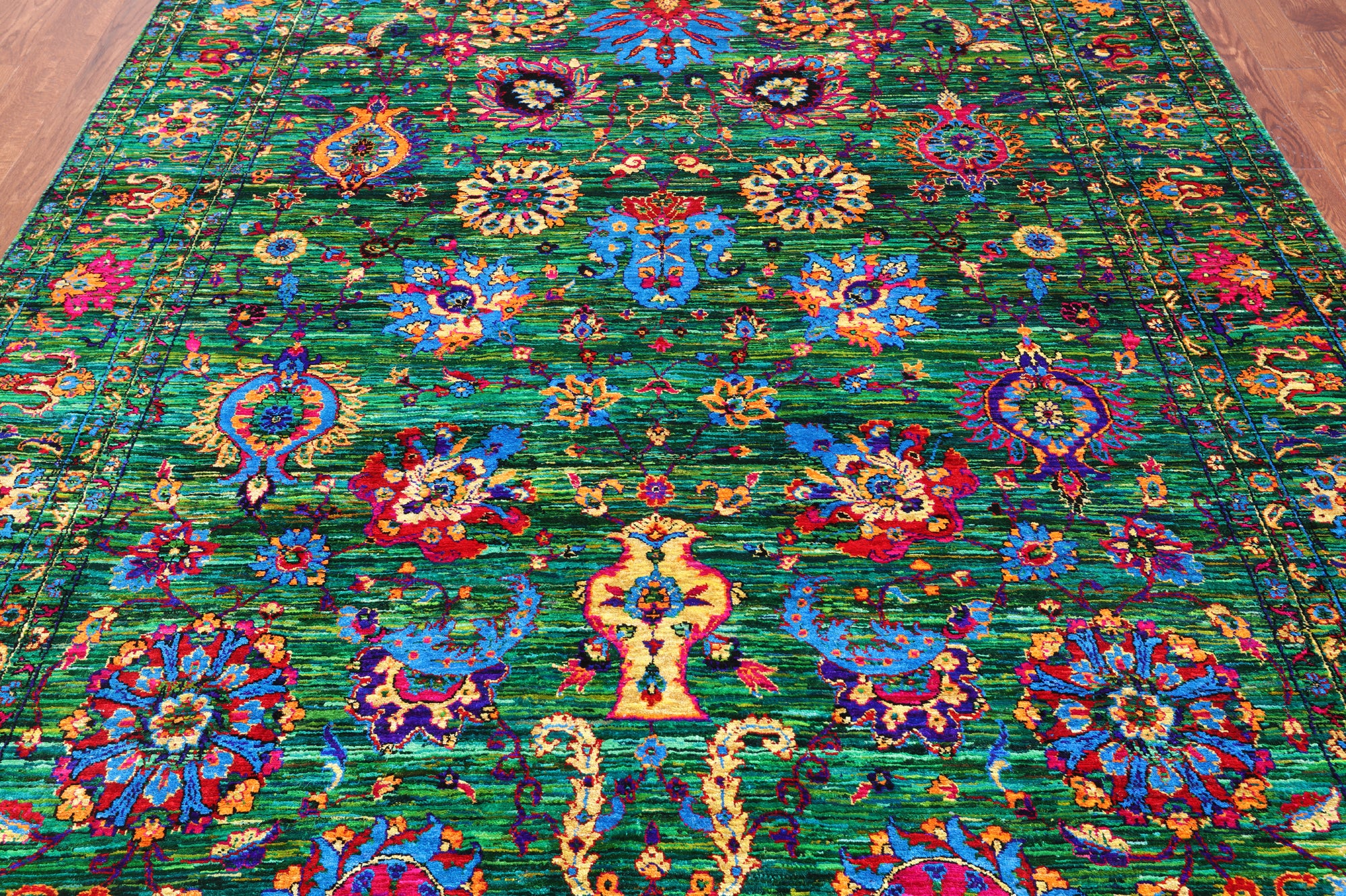 Green Persian Tabriz Handmade 100% Silk Rug - 7' 10" X 10' 6"