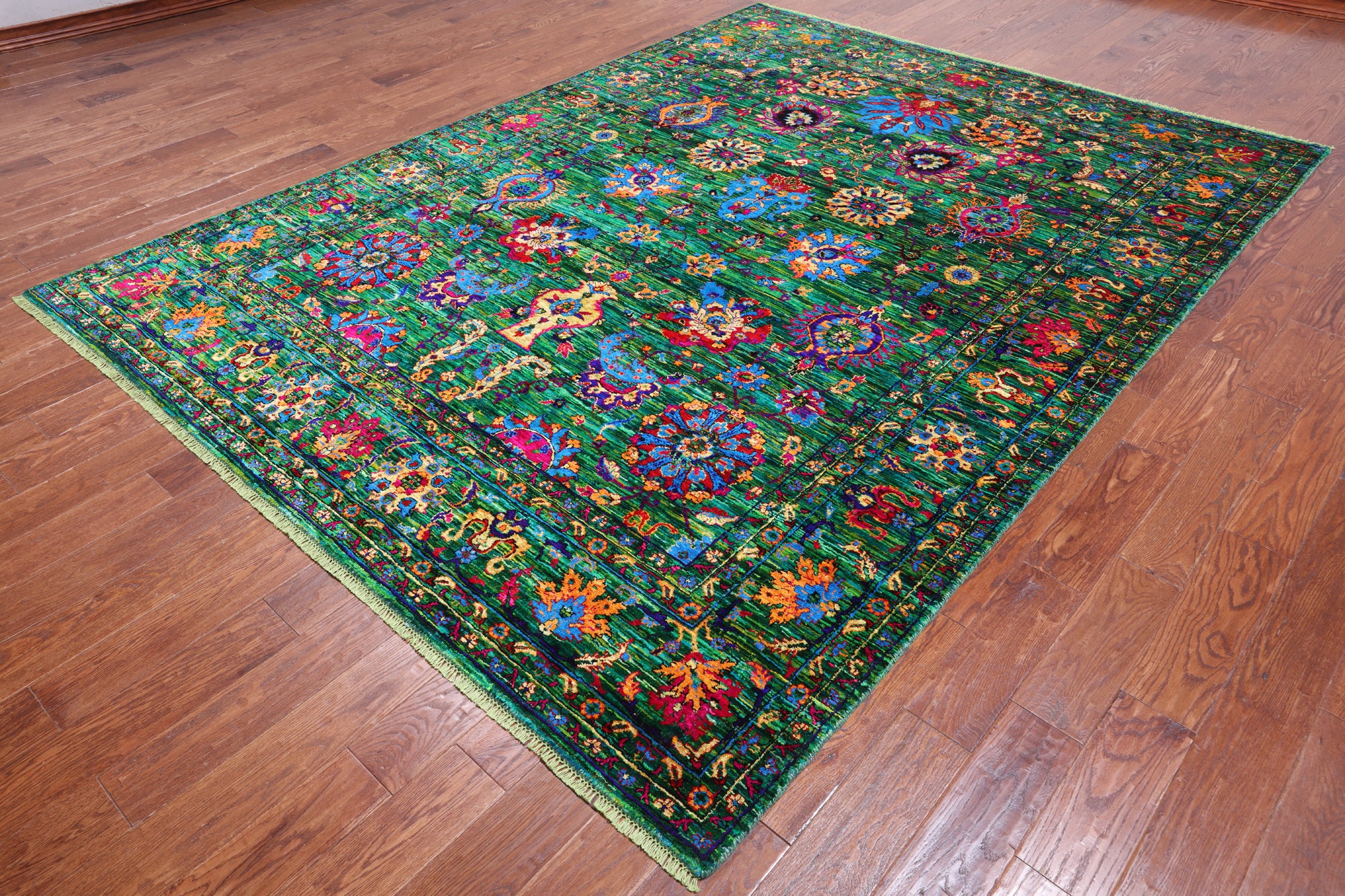 Green Persian Tabriz Handmade 100% Silk Rug - 7' 10" X 10' 6"