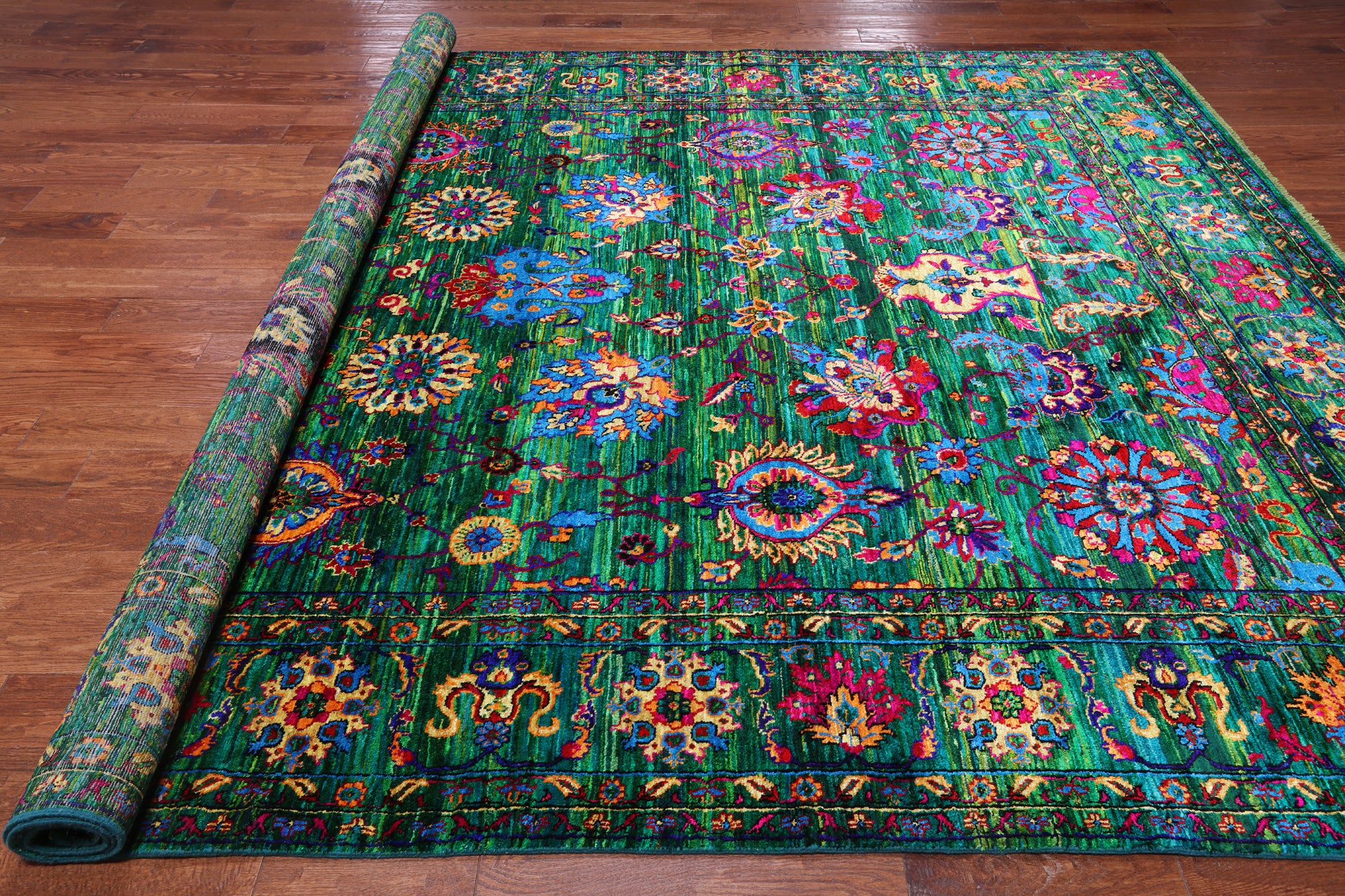 Green Persian Tabriz Handmade Silk Rug - 9' 0" X 12' 2"