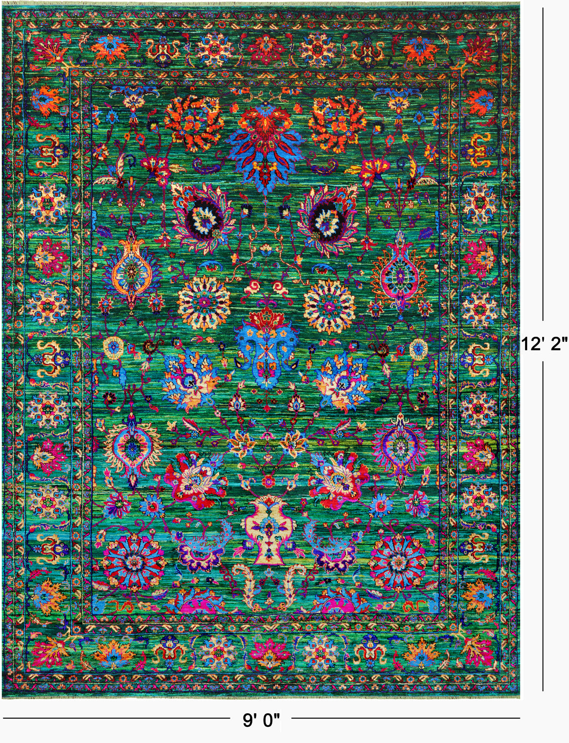 Green Persian Tabriz Handmade Silk Rug - 9' 0" X 12' 2"