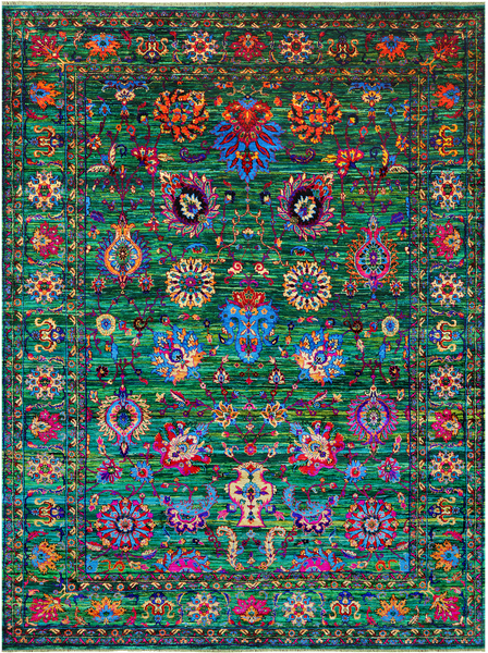 Green Persian Tabriz Handmade Silk Rug - 9' 0" X 12' 2"