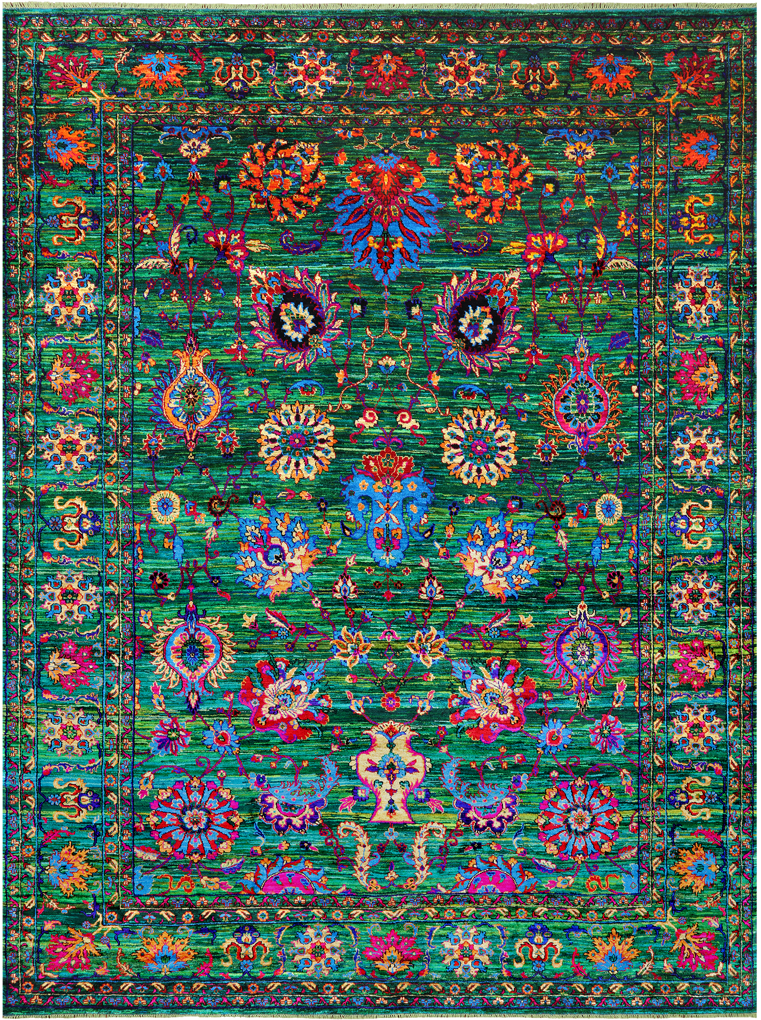 Green Persian Tabriz Handmade Silk Rug - 9' 0" X 12' 2"