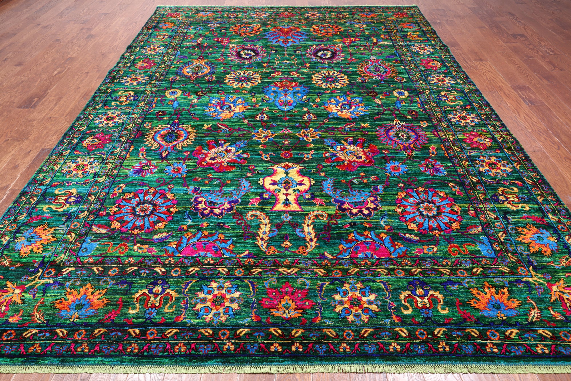 Green Persian Tabriz Handmade Silk Rug - 9' 0" X 12' 2"