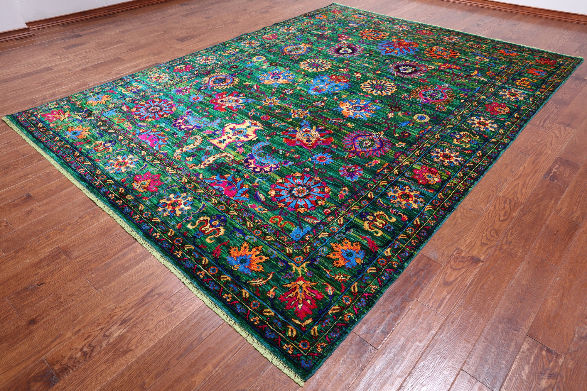 Green Persian Tabriz Handmade Silk Rug - 9' 0" X 12' 2"