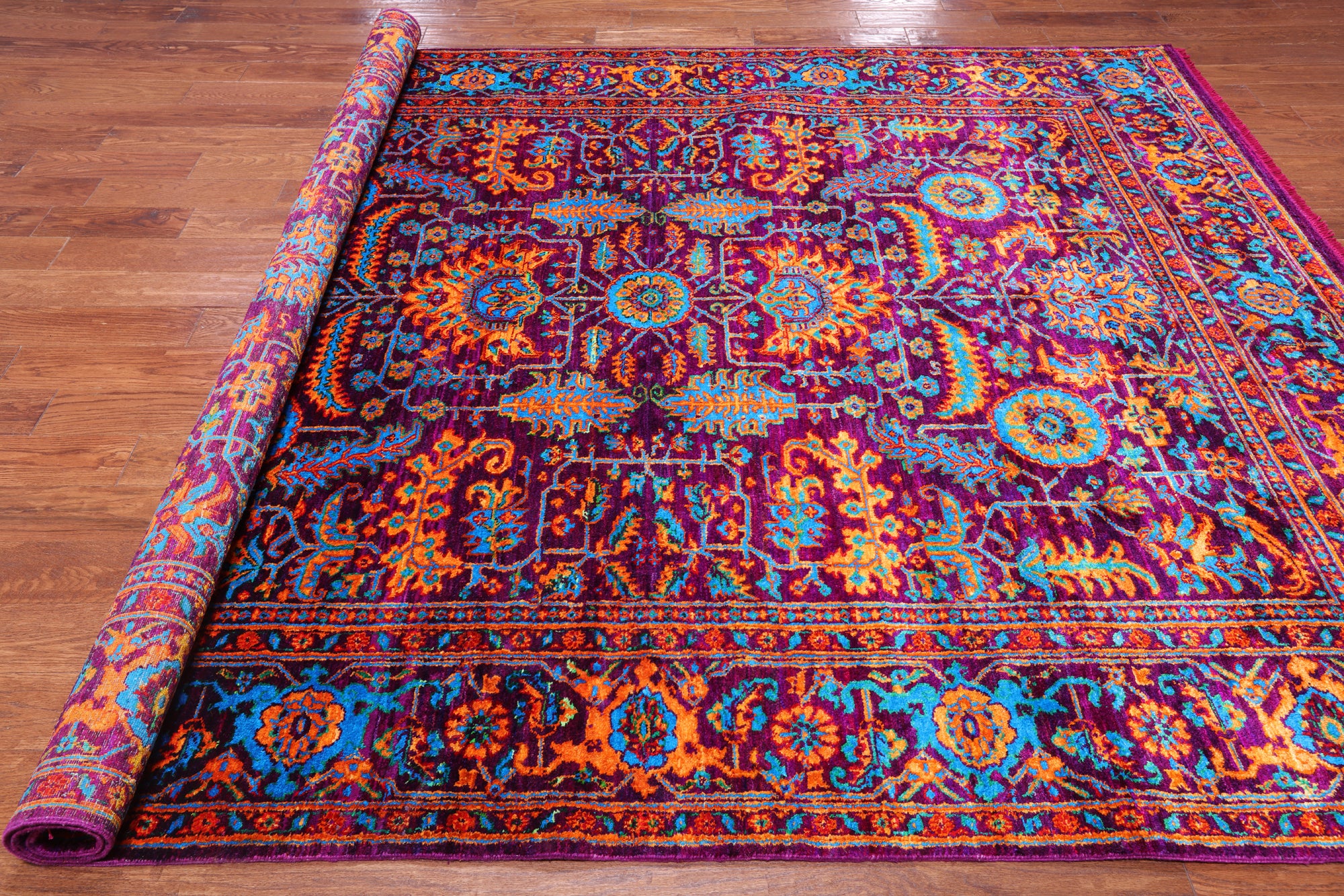 Purple Persian Heriz Serapi Hand Knotted Silk Rug - 8' 0" X 10' 2"