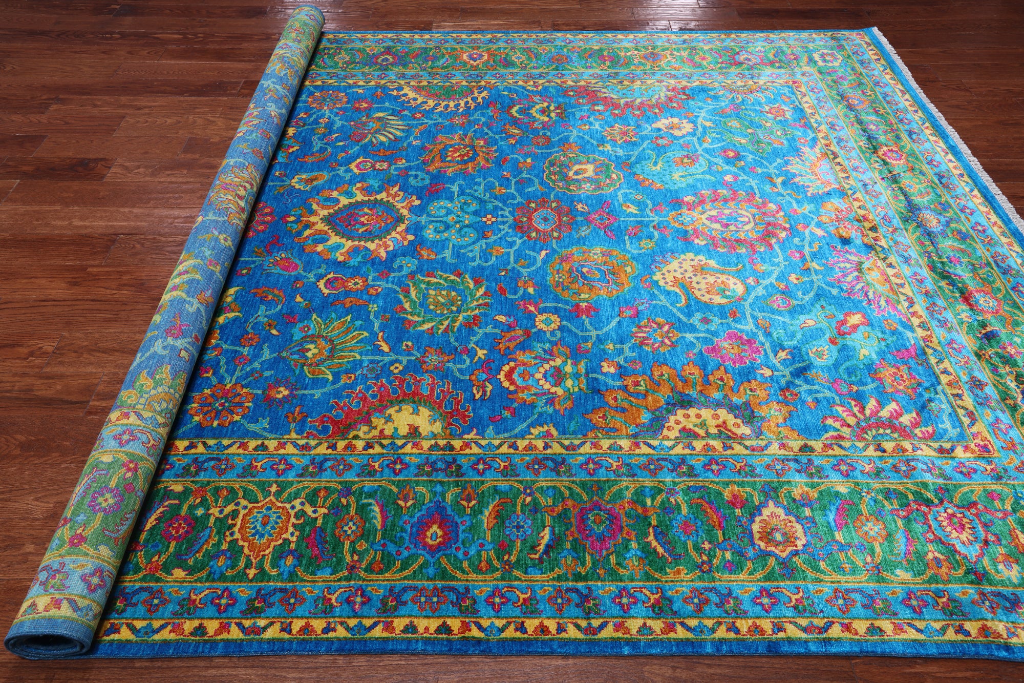 Blue Persian Tabriz Hand Knotted Silk Rug - 8' 1" X 10' 4"