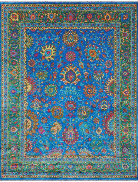 Blue Persian Tabriz Hand Knotted Silk Rug - 8' 1" X 10' 4"