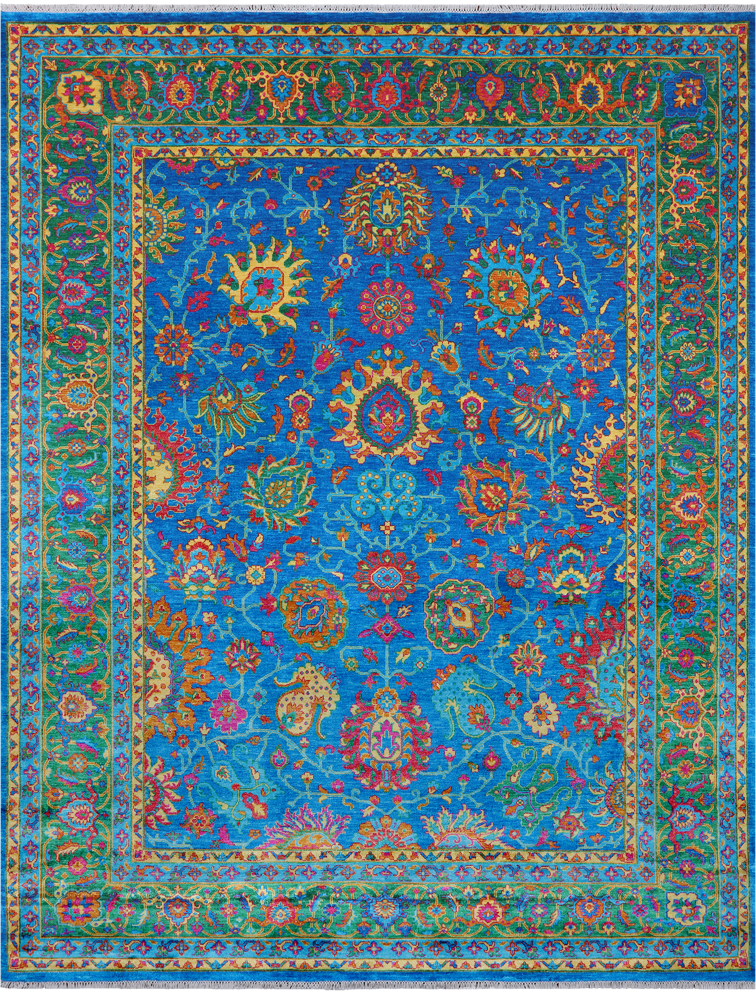 Blue Persian Tabriz Hand Knotted Silk Rug - 8' 1" X 10' 4"