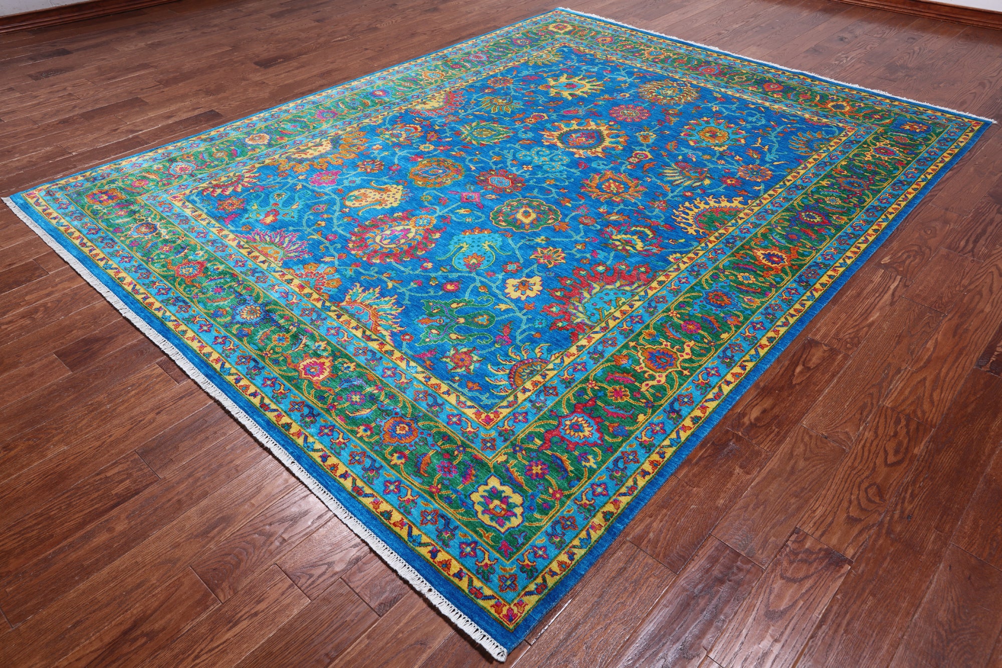Blue Persian Tabriz Hand Knotted Silk Rug - 8' 1" X 10' 4"