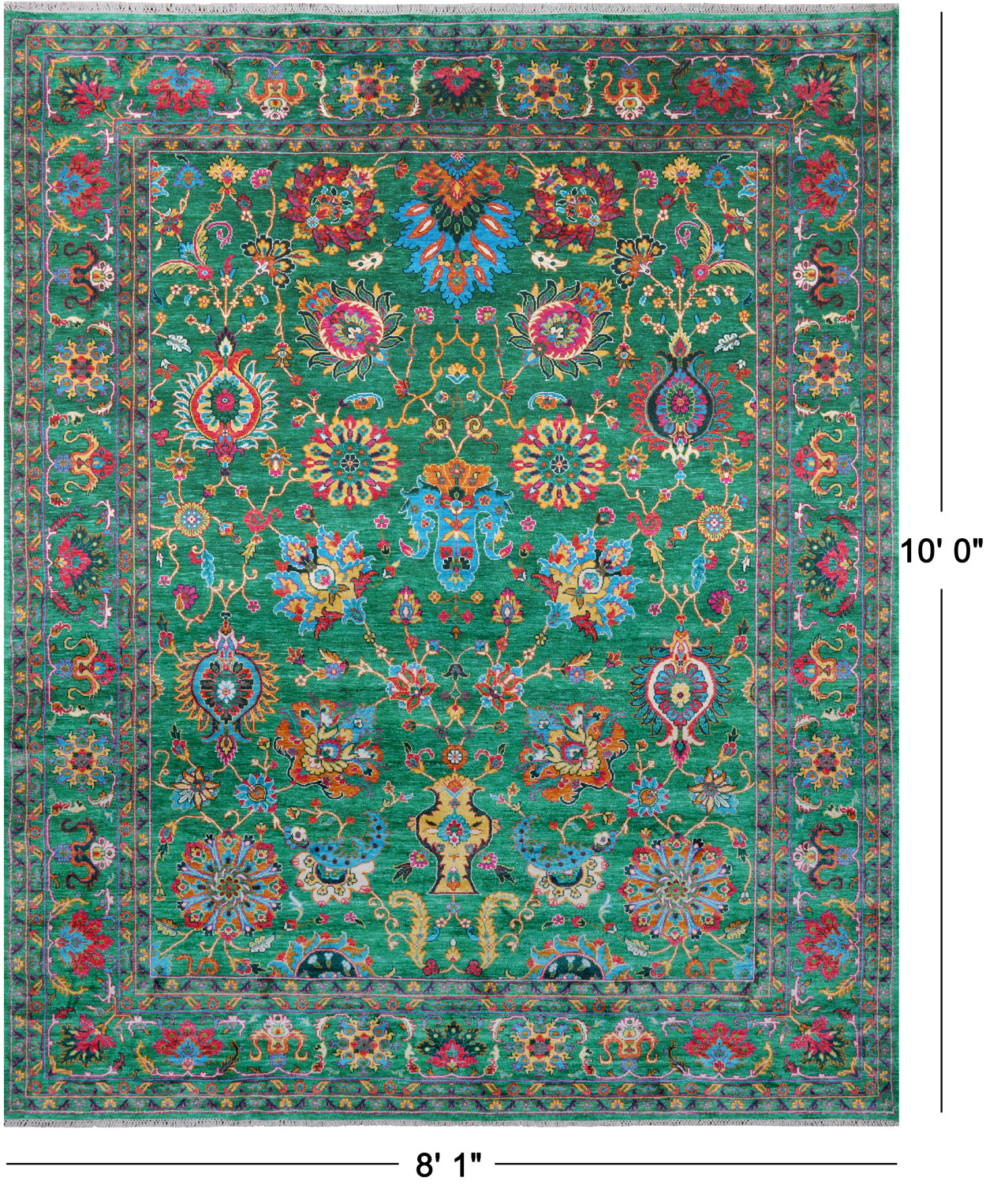 Green Persian Tabriz Handmade Silk Rug - 8' 1" X 10' 0"