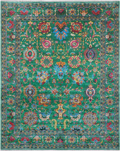 Green Persian Tabriz Handmade Silk Rug - 8' 1" X 10' 0"