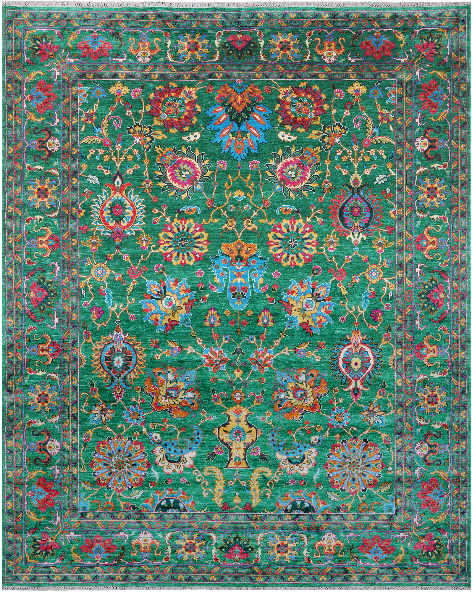 Green Persian Tabriz Handmade Silk Rug - 8' 1" X 10' 0"