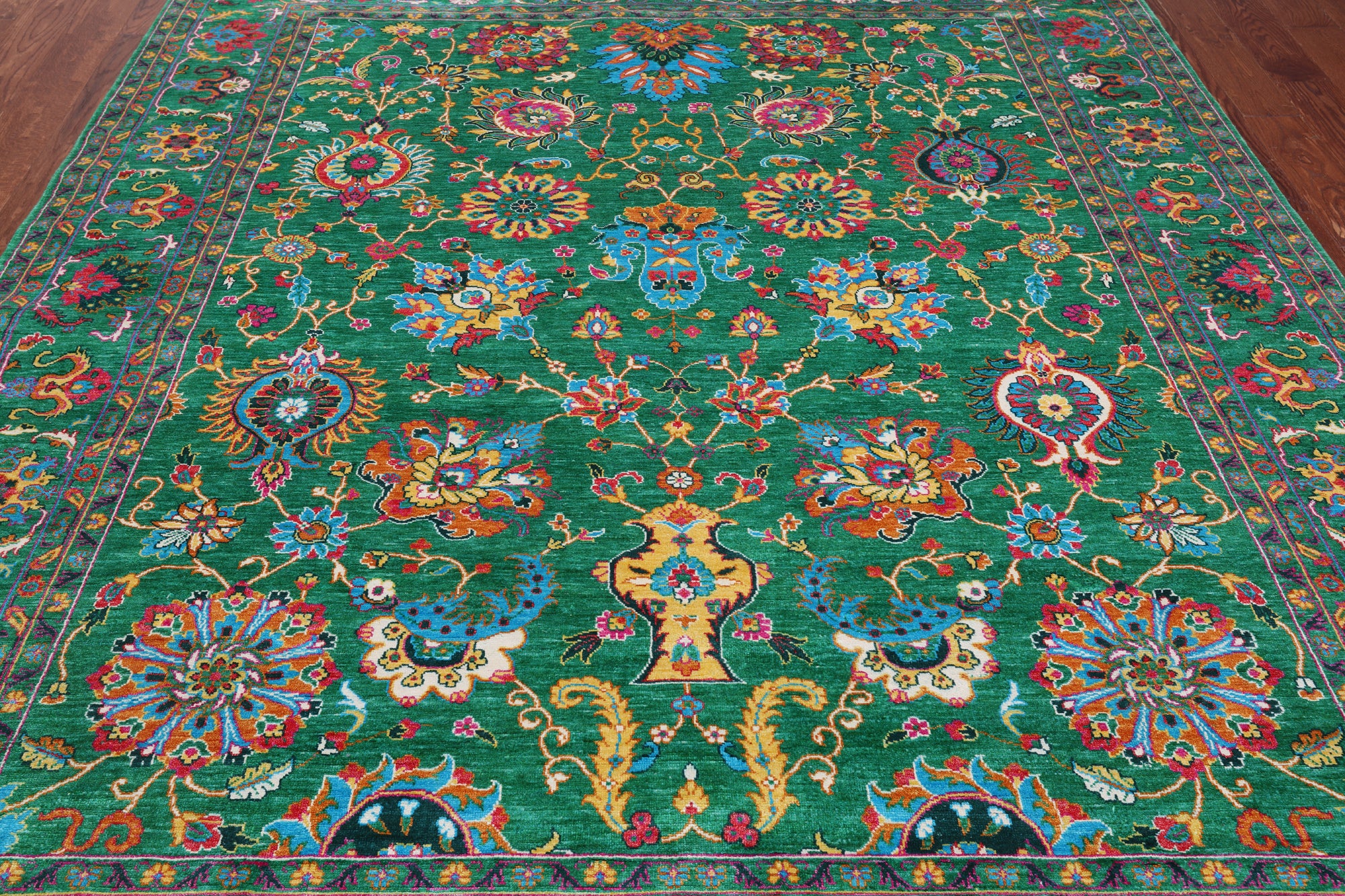 Green Persian Tabriz Handmade Silk Rug - 8' 1" X 10' 0"