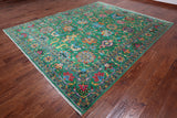 Green Persian Tabriz Handmade Silk Rug - 8' 1" X 10' 0"
