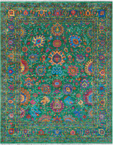 Green Persian Tabriz Handmade Silk Rug - 8' 0" X 10' 2"