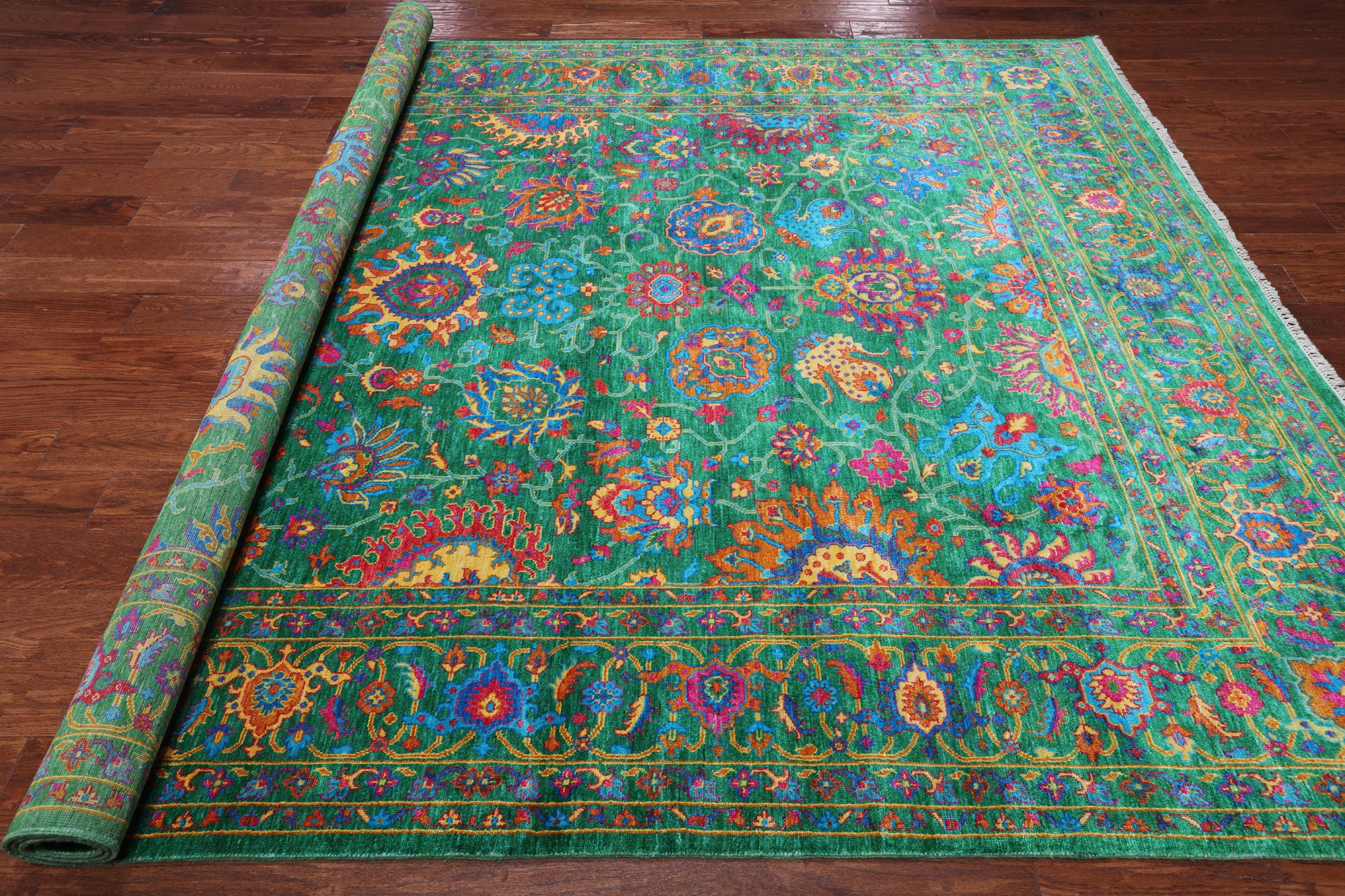 Green Persian Tabriz Handmade Silk Rug - 8' 0" X 10' 2"