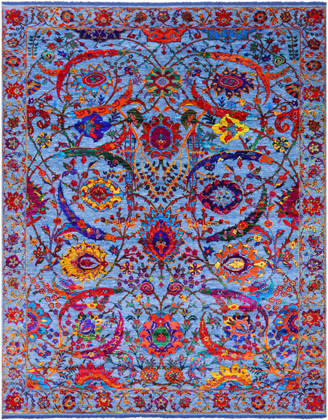 Blue Persian Sickle Leaf Hand Knotted Wool & Silk Rug - 8' 0" X 10' 4"