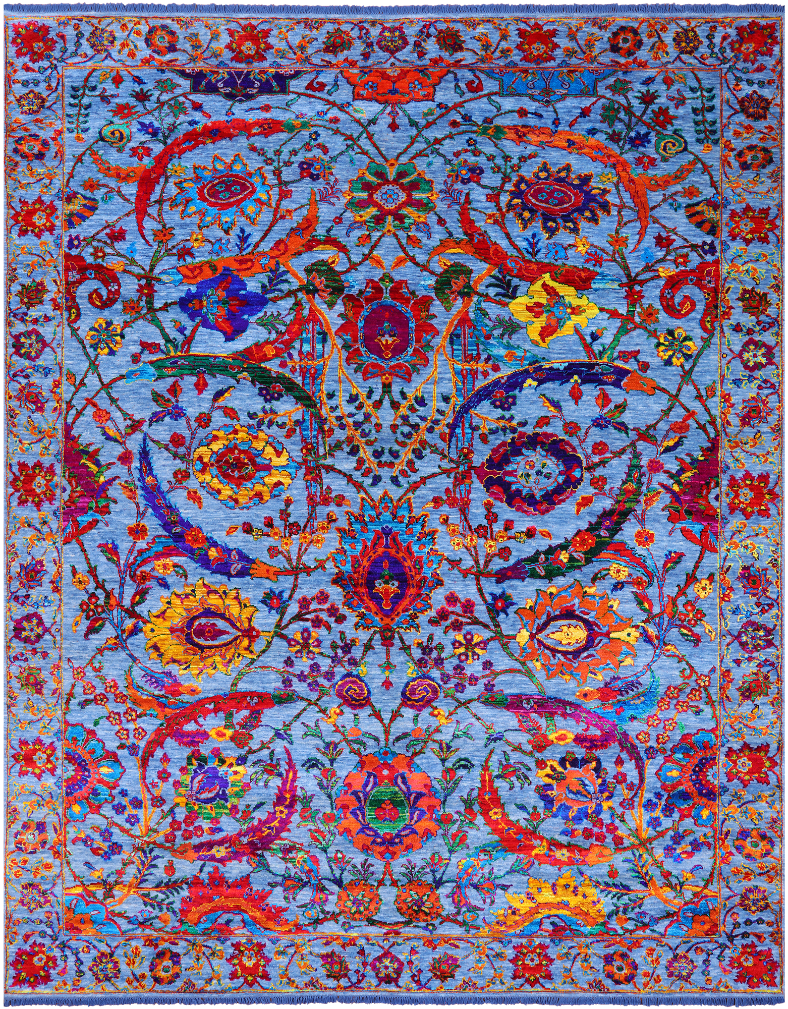 Blue Persian Sickle Leaf Hand Knotted Wool & Silk Rug - 8' 0" X 10' 4"