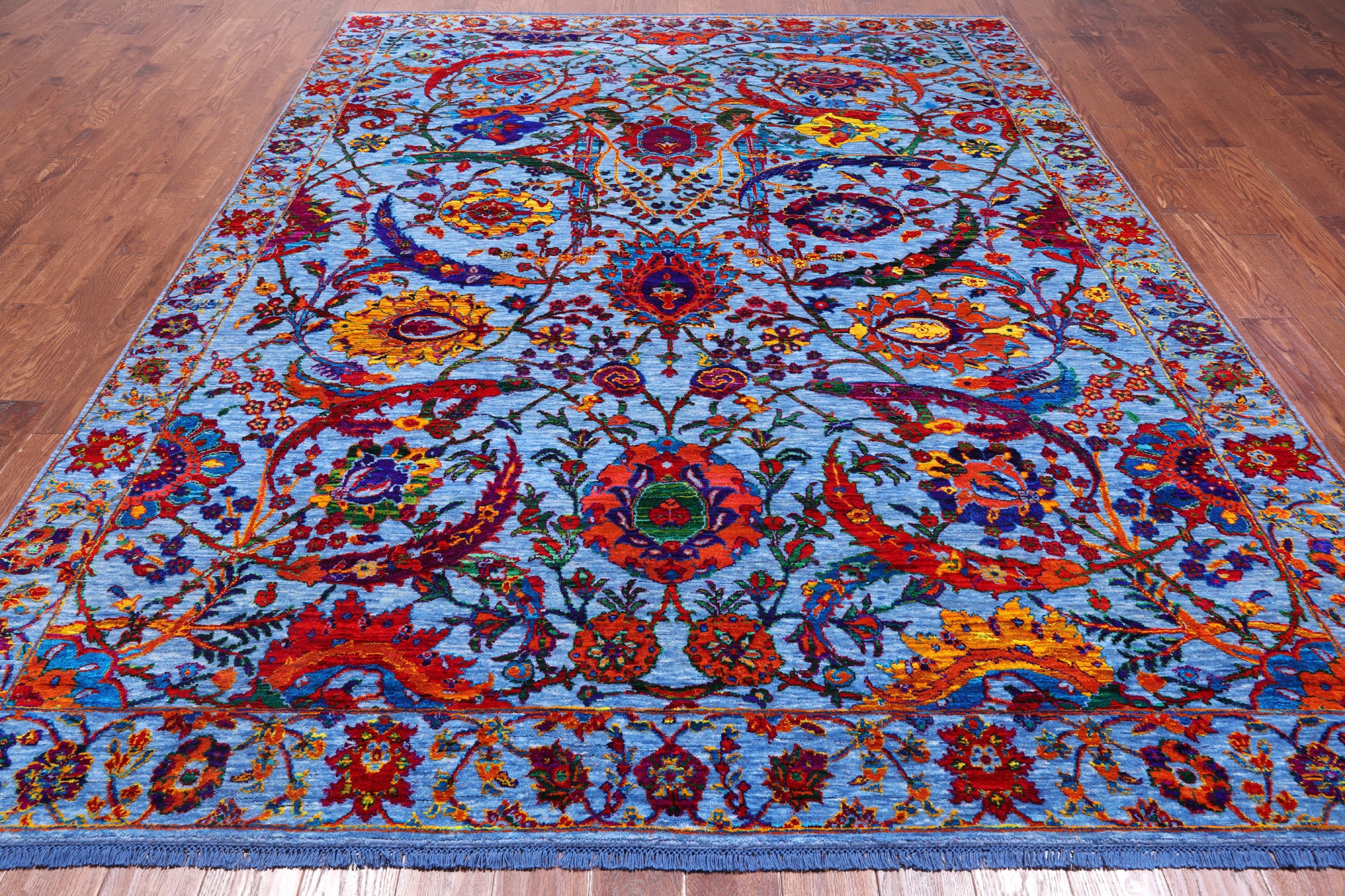 Blue Persian Sickle Leaf Hand Knotted Wool & Silk Rug - 8' 0" X 10' 4"