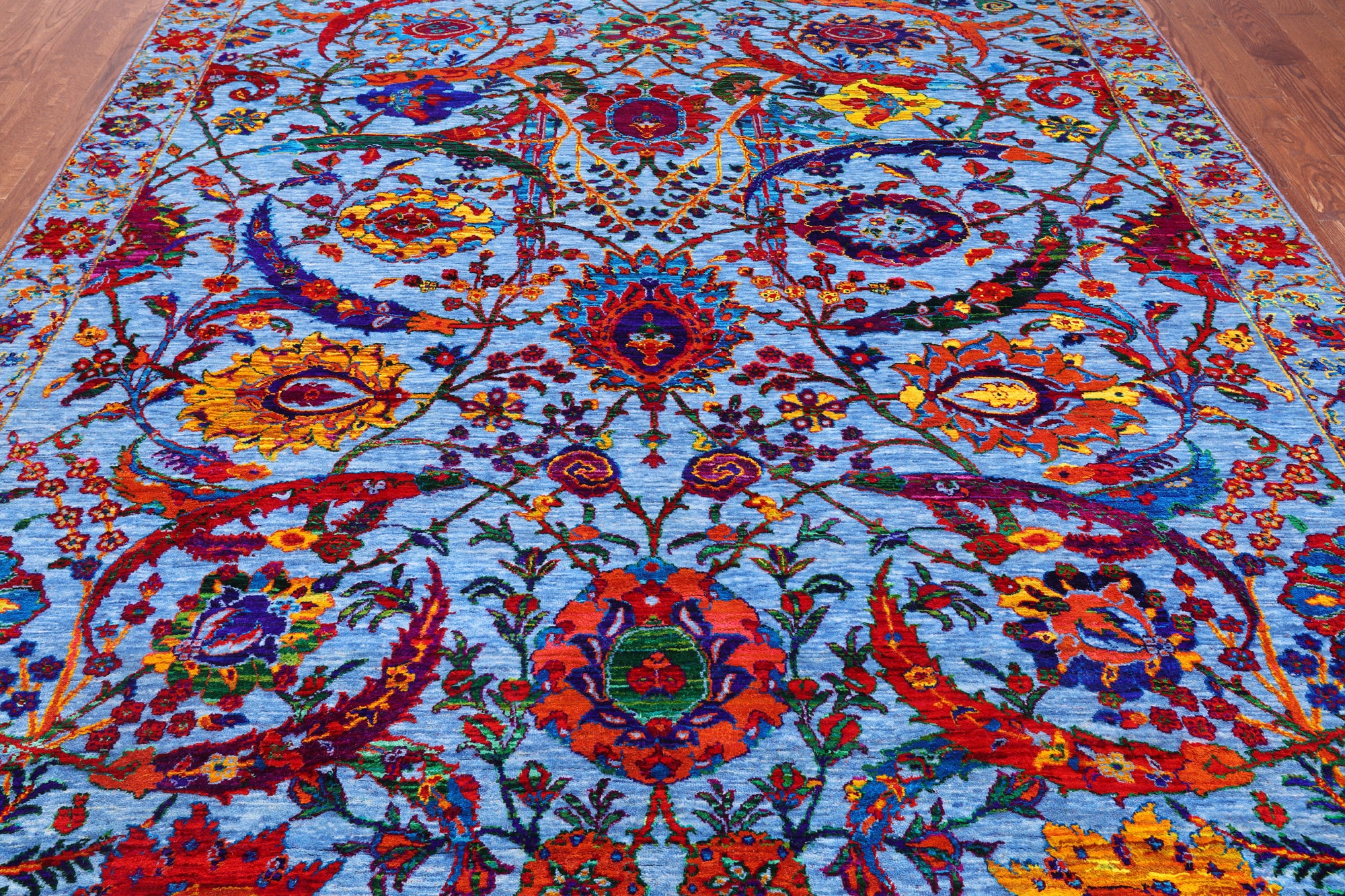 Blue Persian Sickle Leaf Hand Knotted Wool & Silk Rug - 8' 0" X 10' 4"