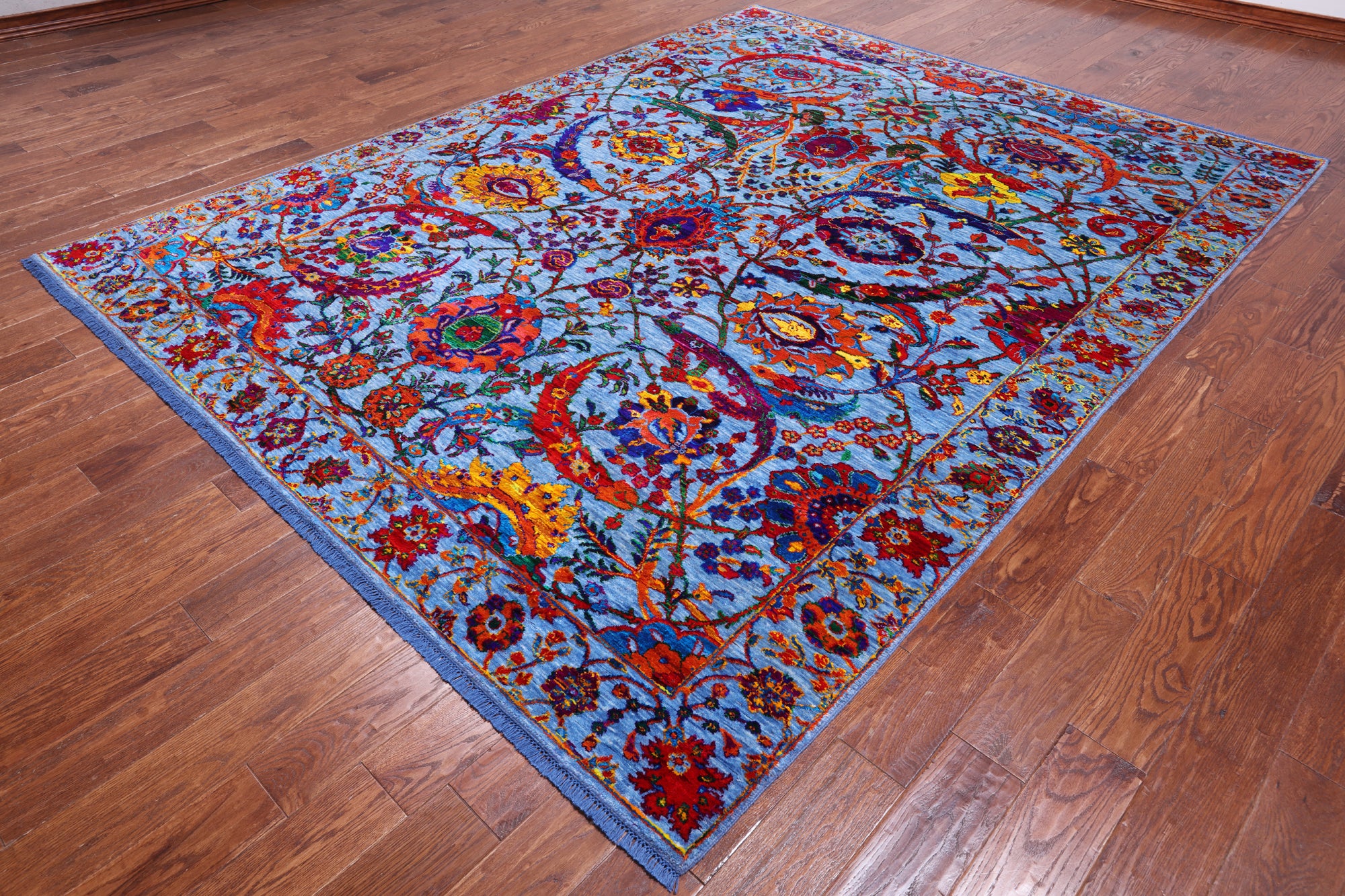 Blue Persian Sickle Leaf Hand Knotted Wool & Silk Rug - 8' 0" X 10' 4"