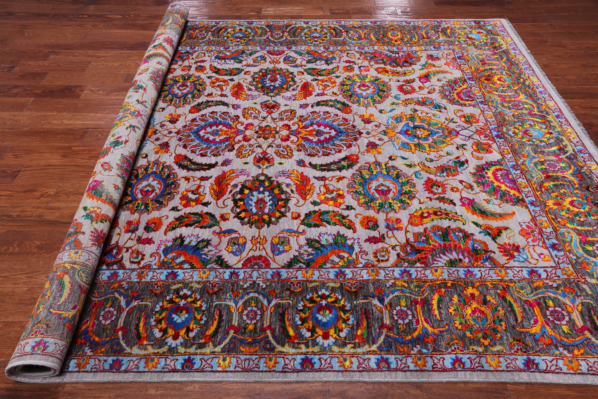 Grey Persian Tabriz Handmade Wool & Silk Rug - 7' 11" X 9' 11"