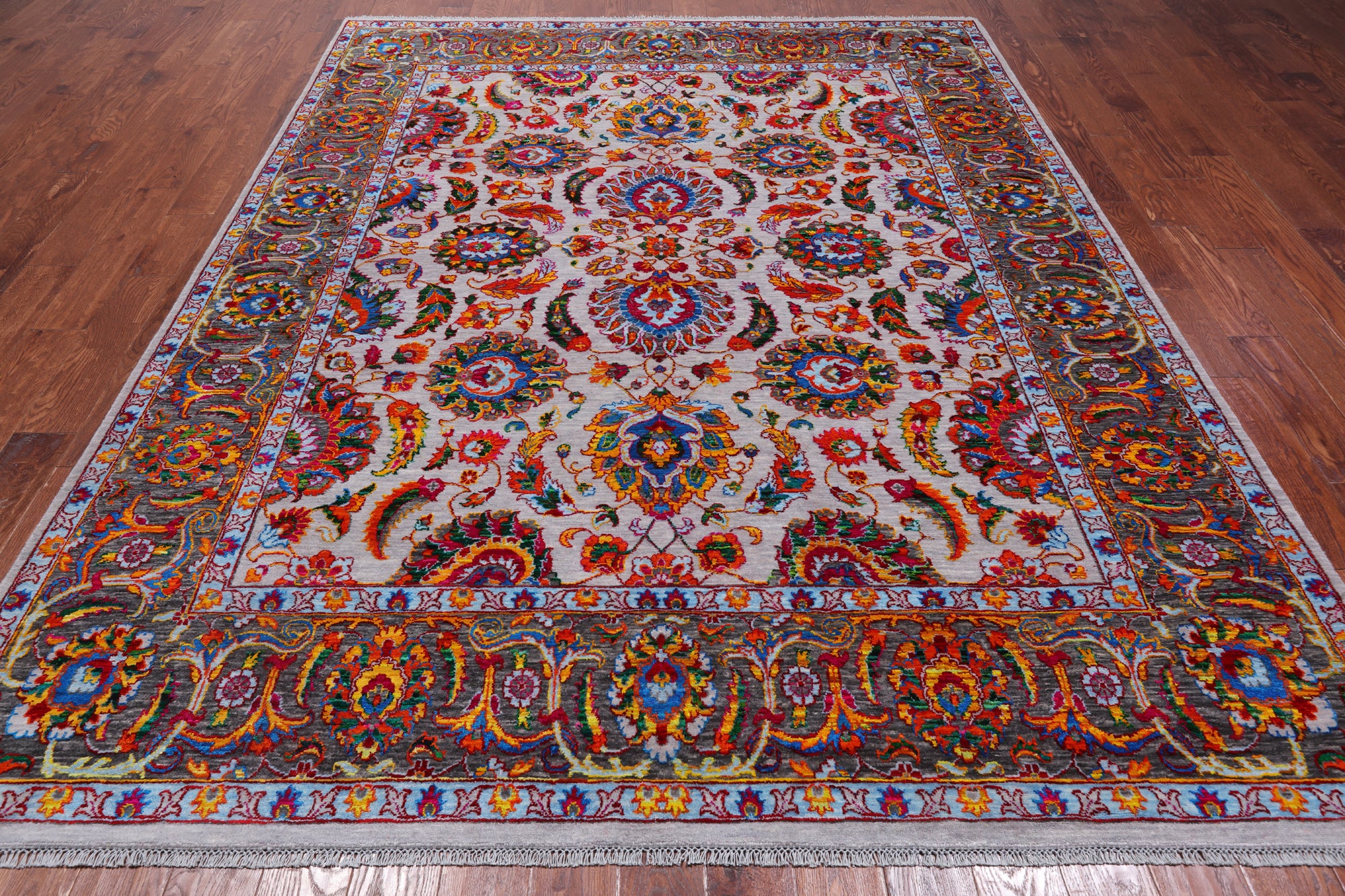 Grey Persian Tabriz Handmade Wool & Silk Rug - 7' 11" X 9' 11"