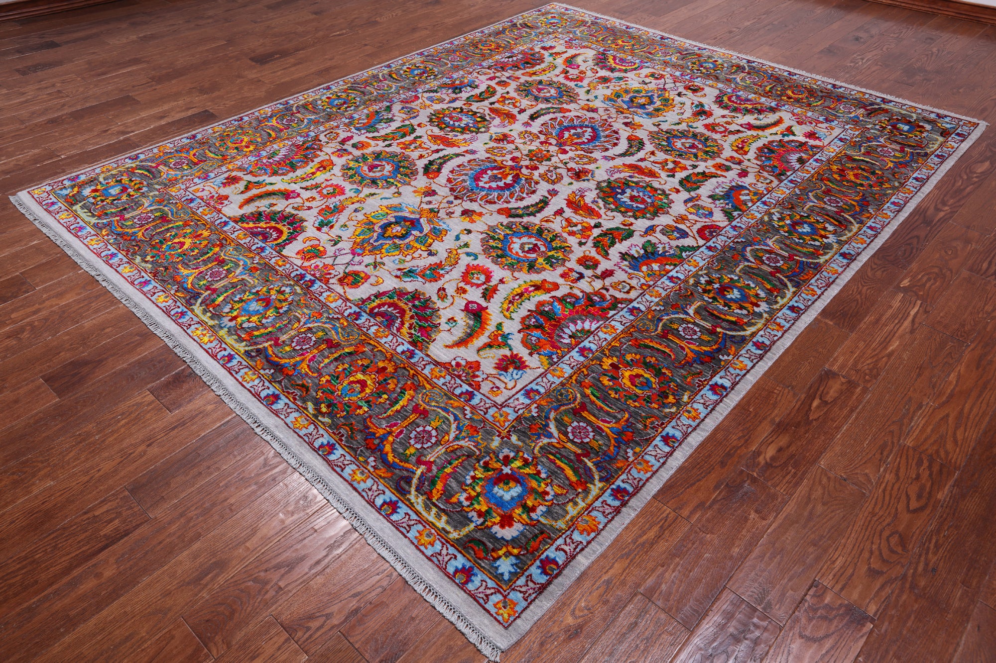 Grey Persian Tabriz Handmade Wool & Silk Rug - 7' 11" X 9' 11"