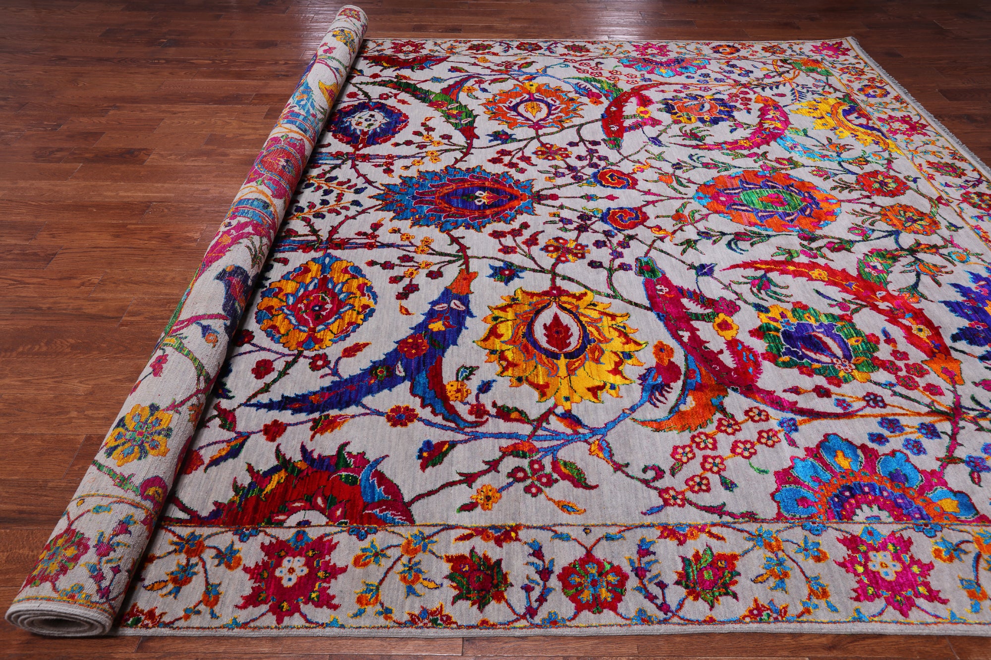 Grey Persian Sickle Leaf Handmade Wool & Silk Rug - 10' 0" X 14' 11"