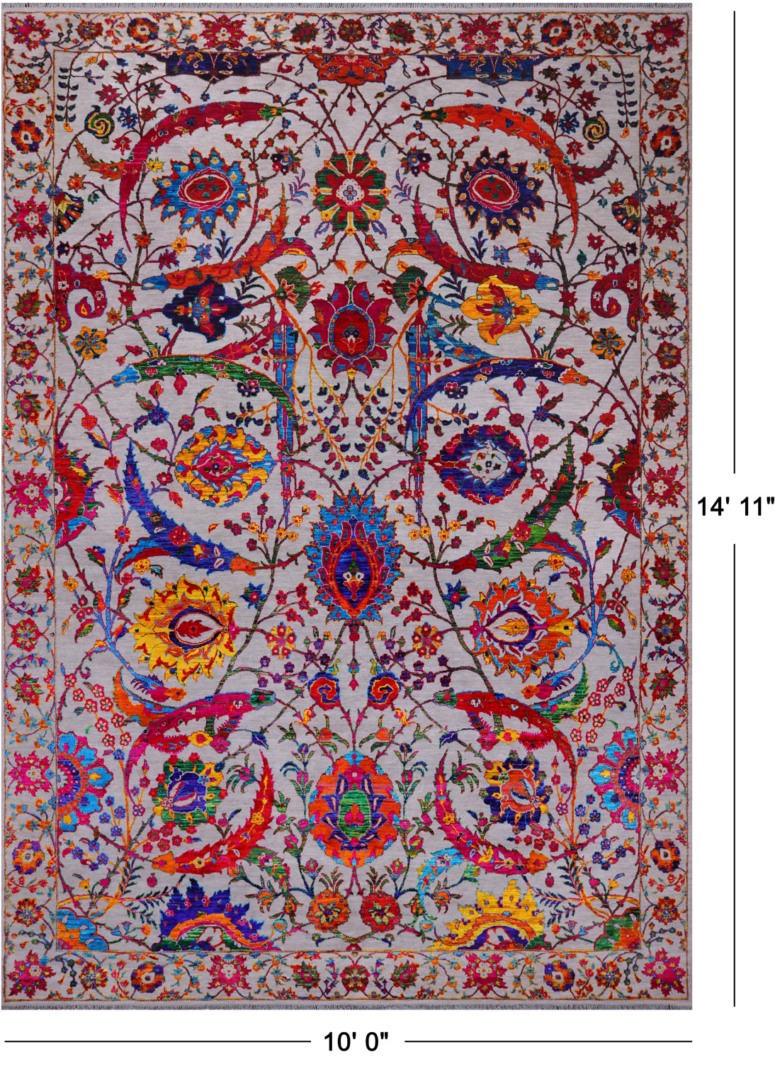 Grey Persian Sickle Leaf Handmade Wool & Silk Rug - 10' 0" X 14' 11"