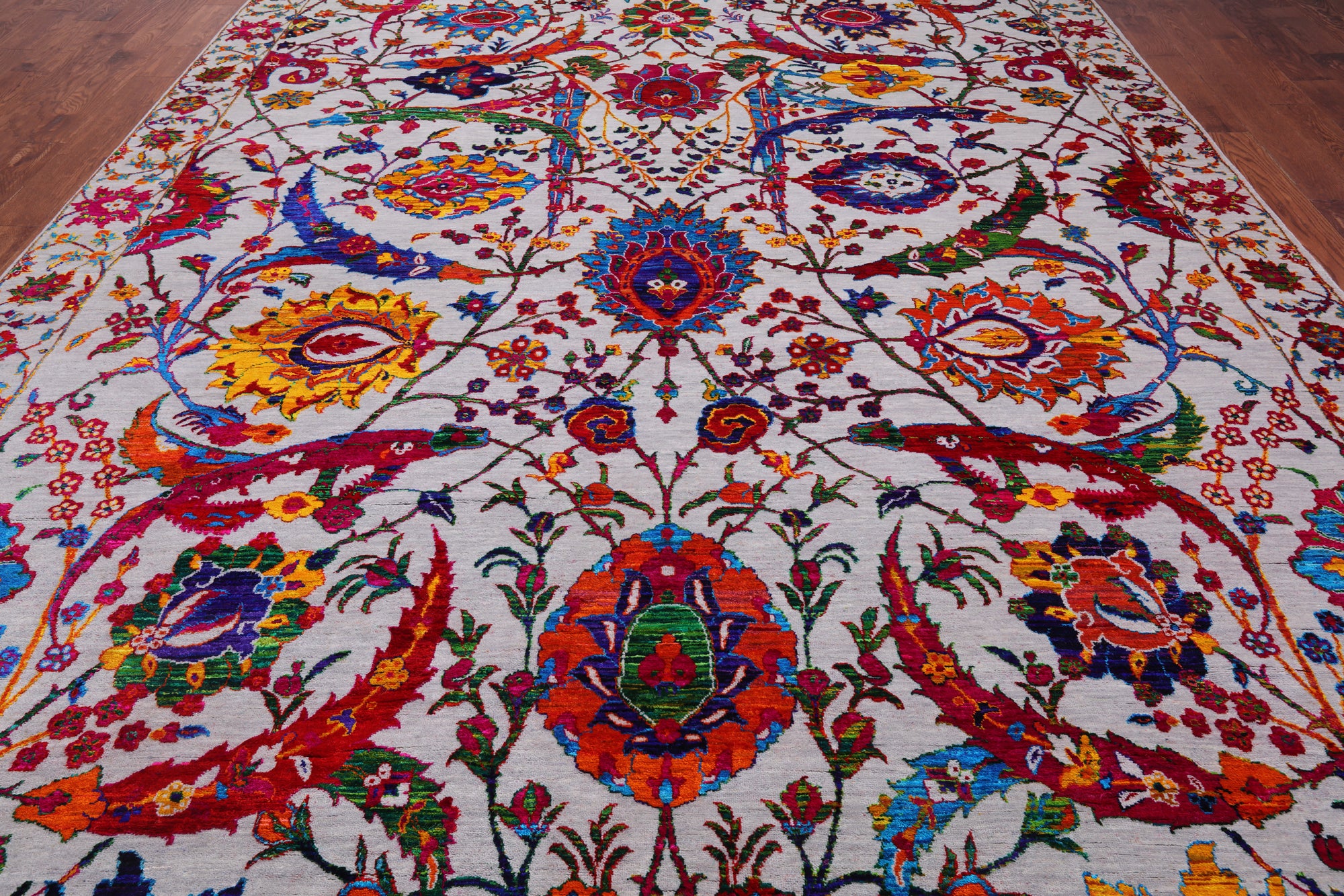 Grey Persian Sickle Leaf Handmade Wool & Silk Rug - 10' 0" X 14' 11"