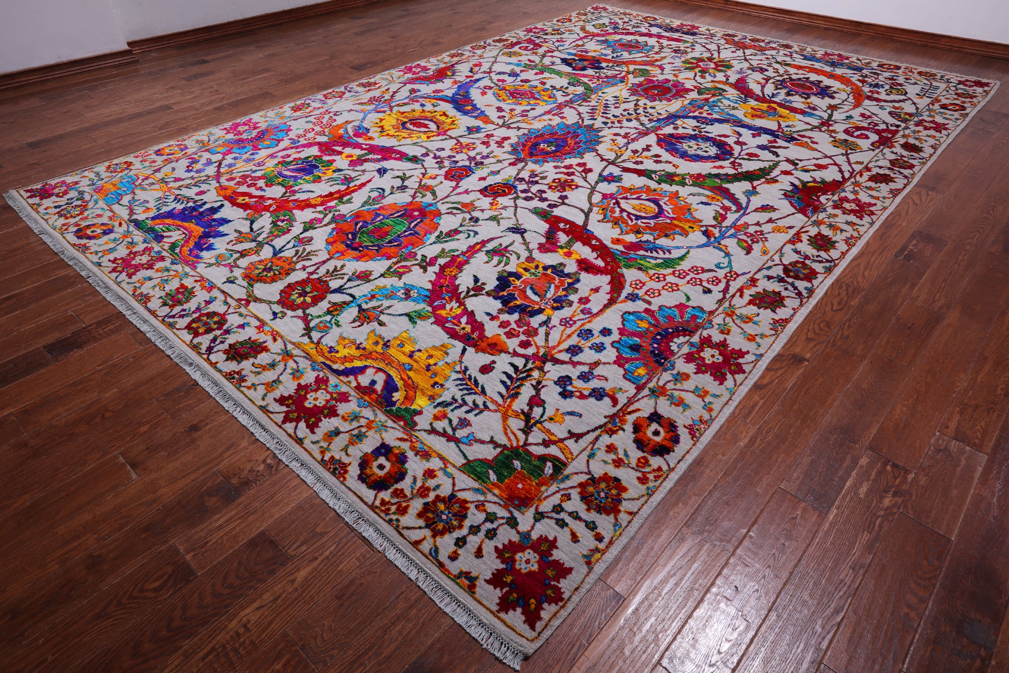 Grey Persian Sickle Leaf Handmade Wool & Silk Rug - 10' 0" X 14' 11"