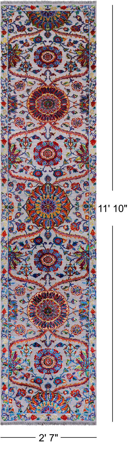 Grey Persian Tabriz Hand-Knotted Wool & Silk Runner Rug - 2' 7" X 11' 10"