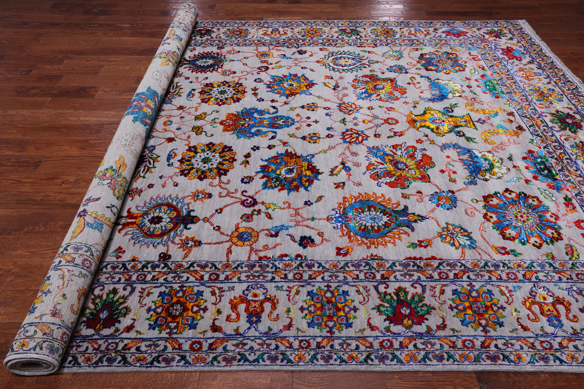 Grey Persian Tabriz Handmade Wool & Silk Rug - 8' 8" X 12' 1"