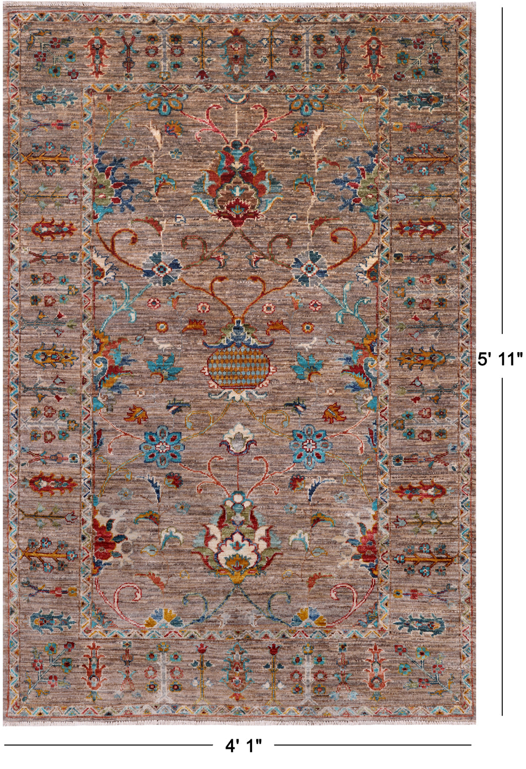 Peshawar Hand Knotted Wool Rug - 4' 1" X 5' 11"