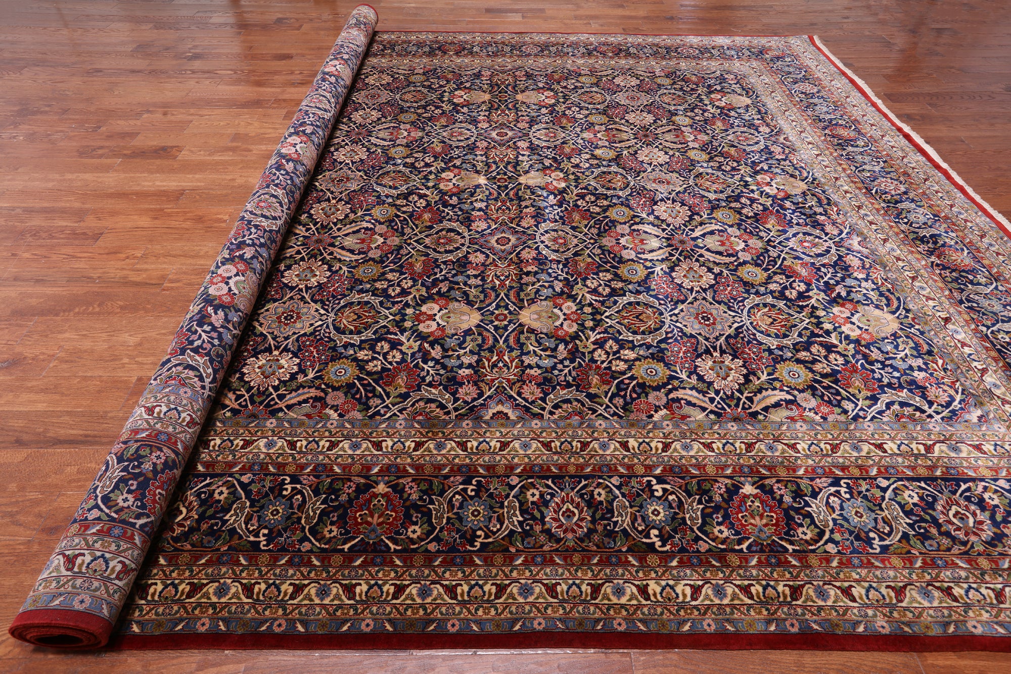 Navy Blue Persian Tabriz Hand Knotted Wool Rug - 12' 0" X 15' 0"