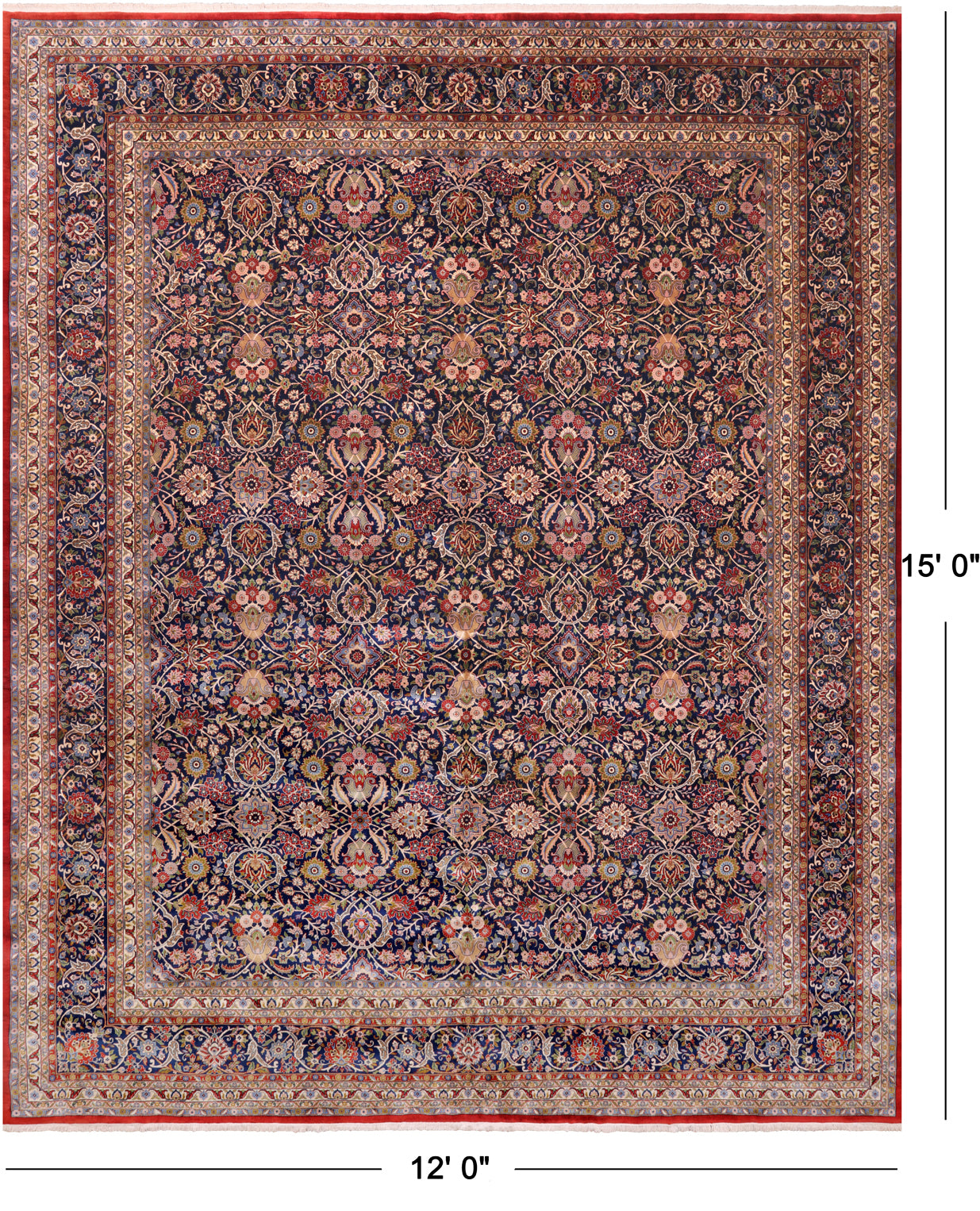 Navy Blue Persian Tabriz Hand Knotted Wool Rug - 12' 0" X 15' 0"