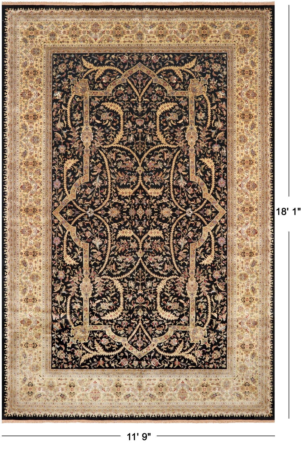 Black Persian Tabriz Handmade Wool Rug - 11' 9" X 18' 1"