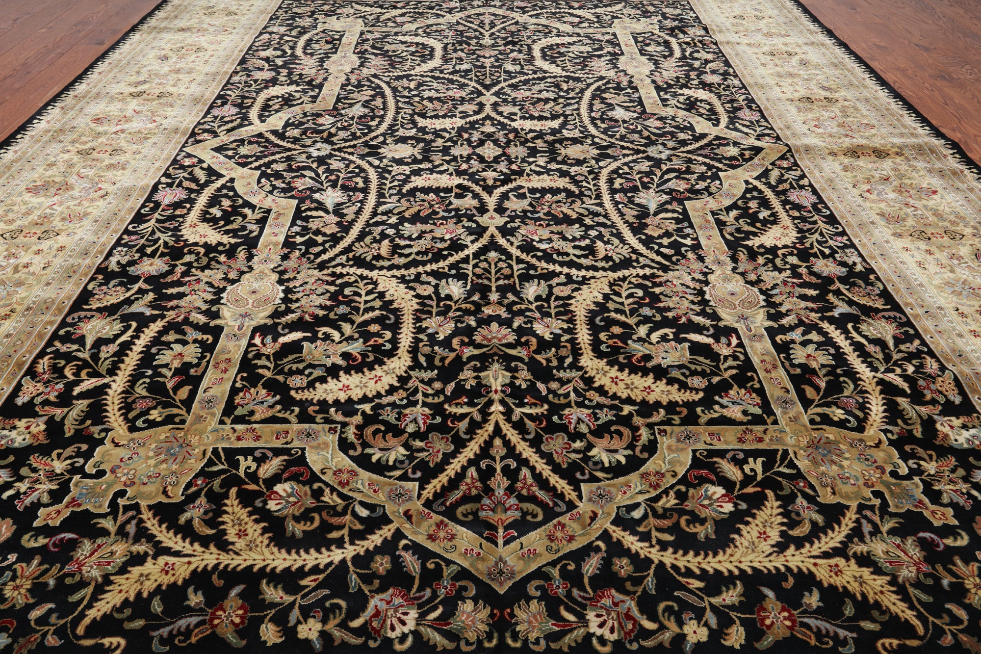 Black Persian Tabriz Handmade Wool Rug - 11' 9" X 18' 1"