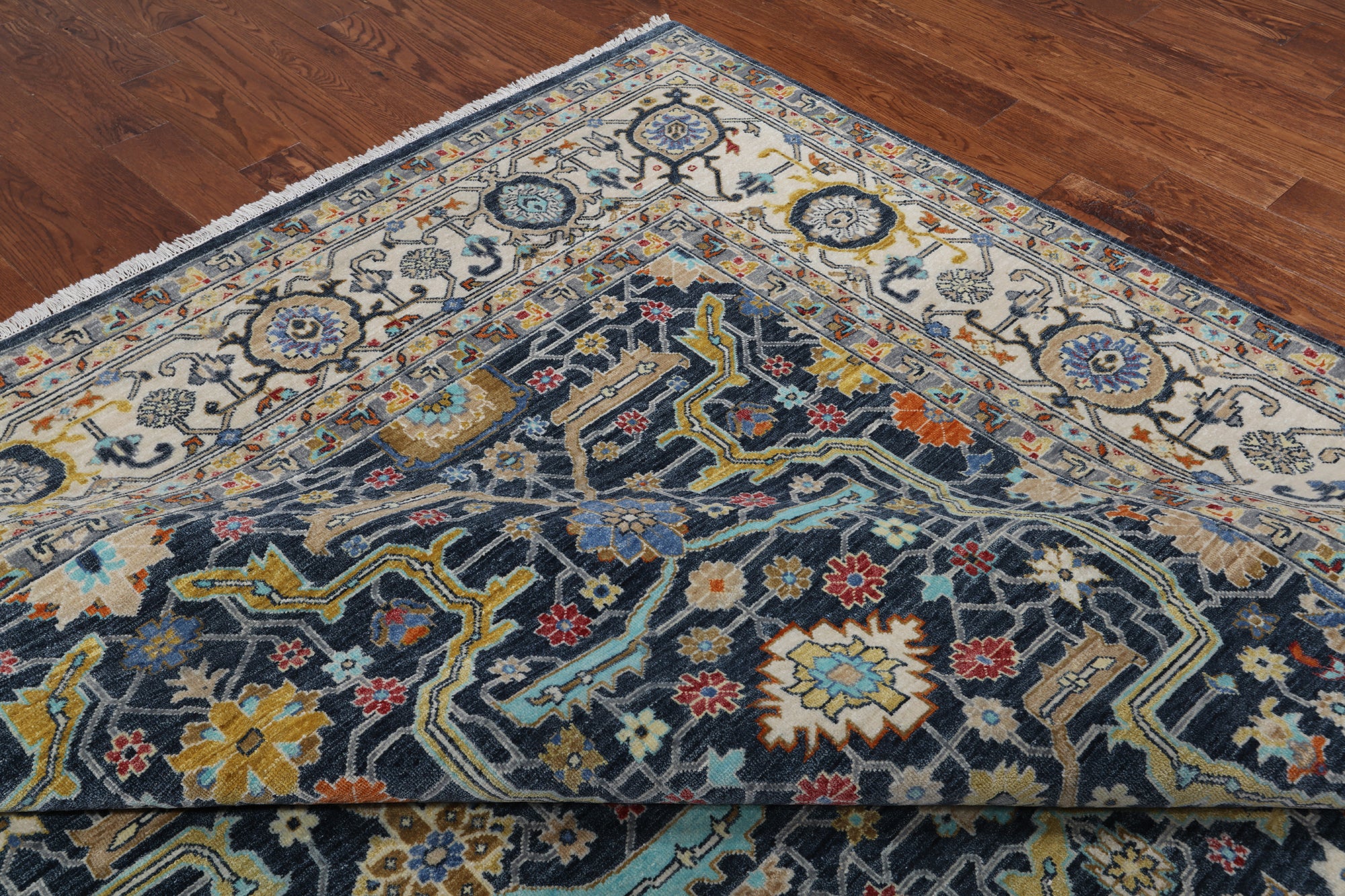 Navy Blue Persian Fine Serapi Handmade Wool Rug - 10' 0" X 14' 0"