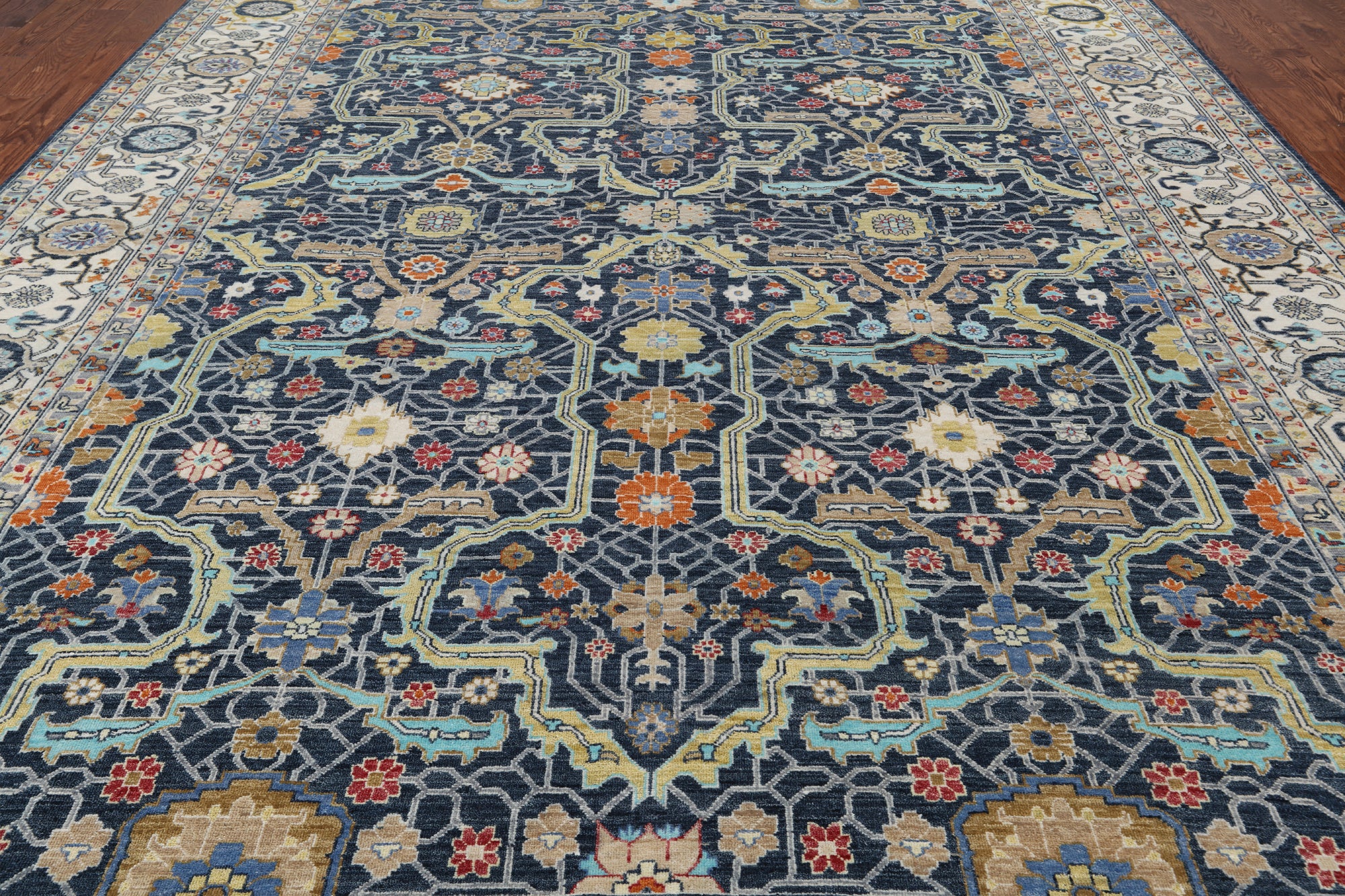 Navy Blue Persian Fine Serapi Handmade Wool Rug - 10' 0" X 14' 0"