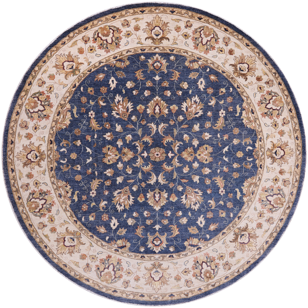 Blue Round Peshawar Hand Knotted Wool Rug - 10' 0" X 10' 0"