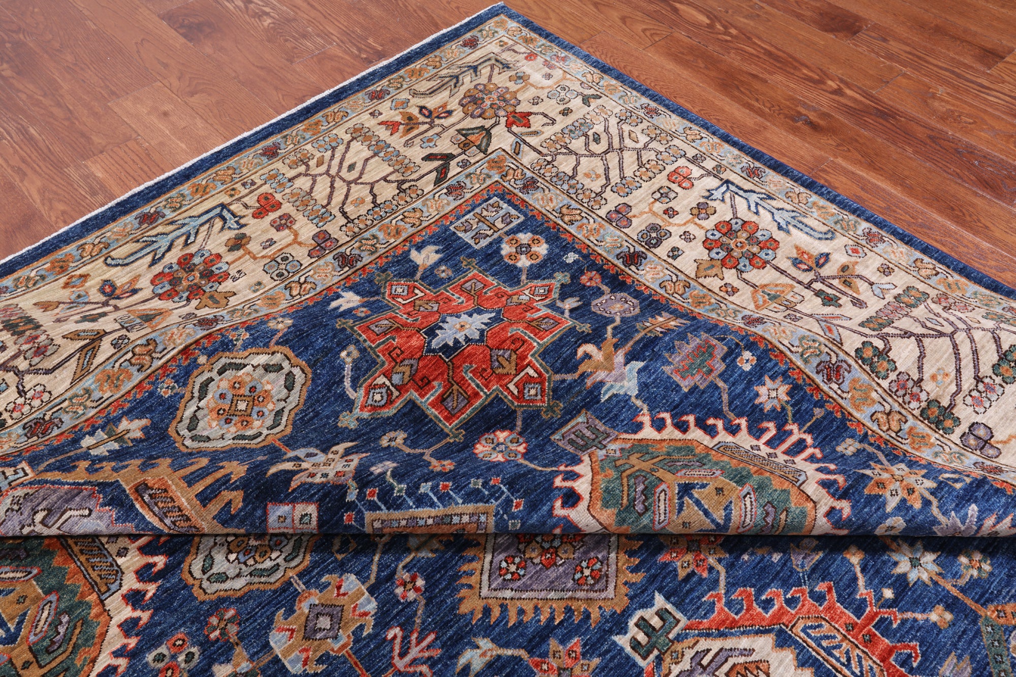 Blue Persian Fine Serapi Hand Knotted Wool Rug - 9' 10" X 13' 9"