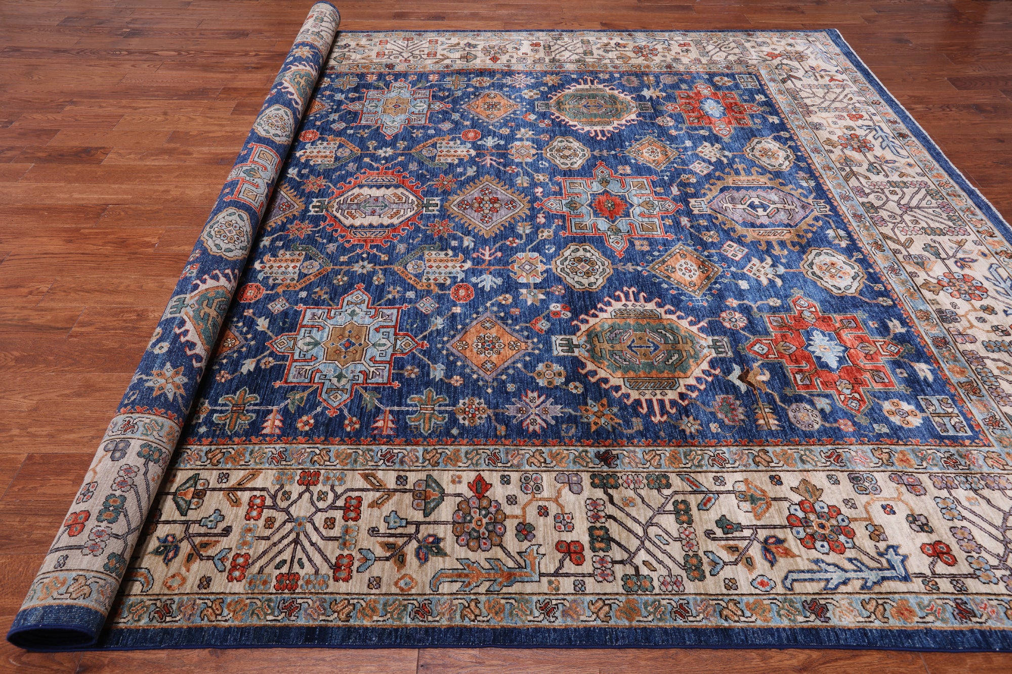Blue Persian Fine Serapi Hand Knotted Wool Rug - 9' 10" X 13' 9"