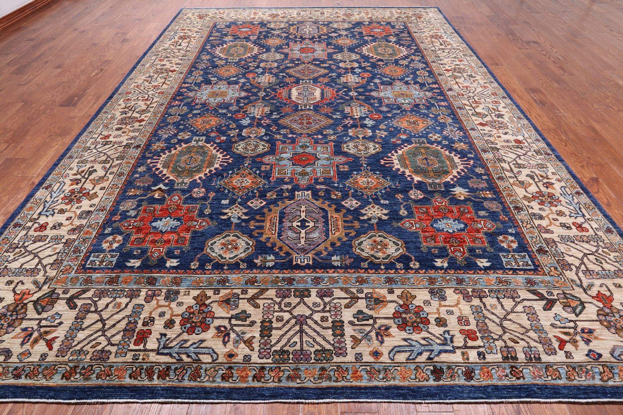 Blue Persian Fine Serapi Hand Knotted Wool Rug - 9' 10" X 13' 9"